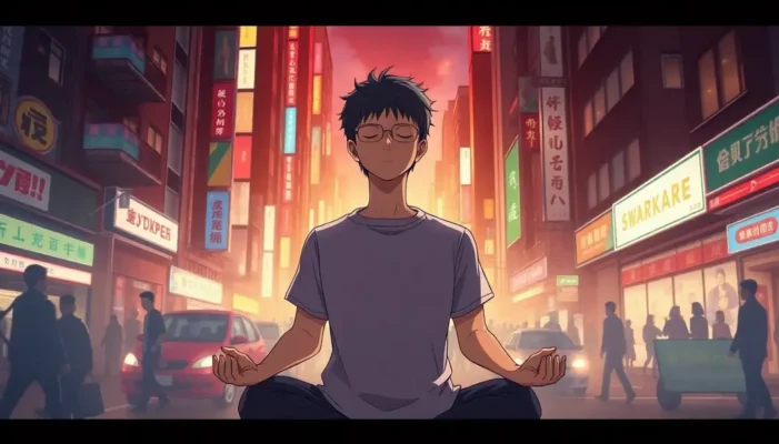 Anime protagonist practicing mindfulness amidst urban chaos.