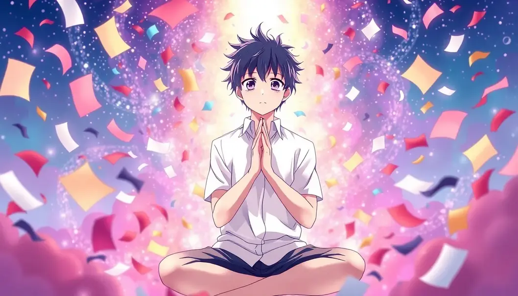 An anime character finding peace amidst chaos, inspired by shounen heroes.