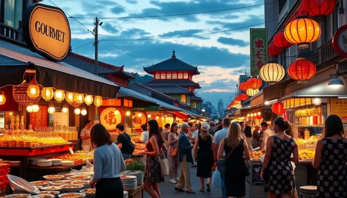 Vibrant Asian street market with artistically presented dishes, capturing the essence of street food and fashion.