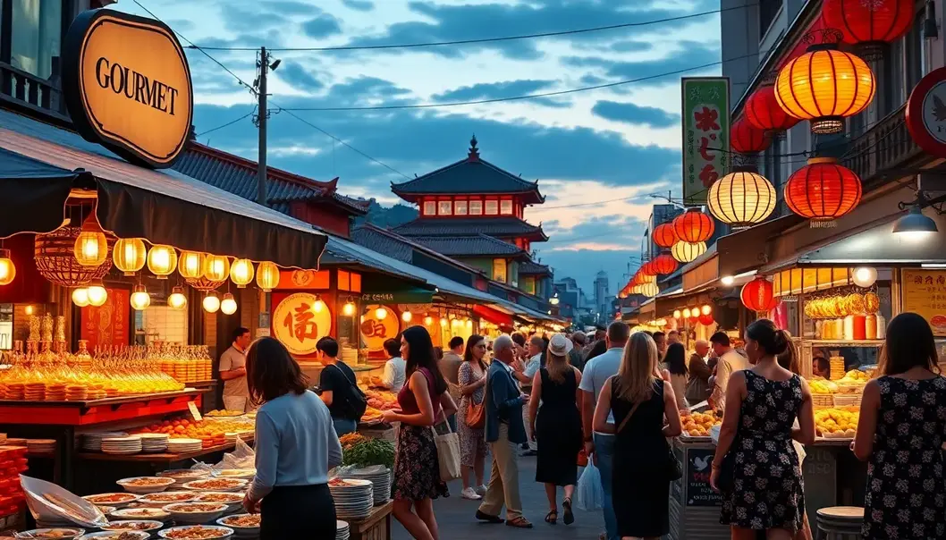 Vibrant Asian street market with artistically presented dishes, capturing the essence of street food and fashion.