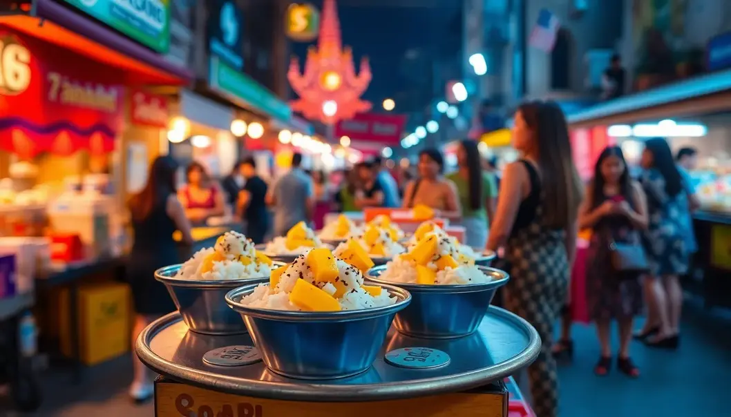 Elegantly presented mango sticky rice at a bustling night market in Bangkok.