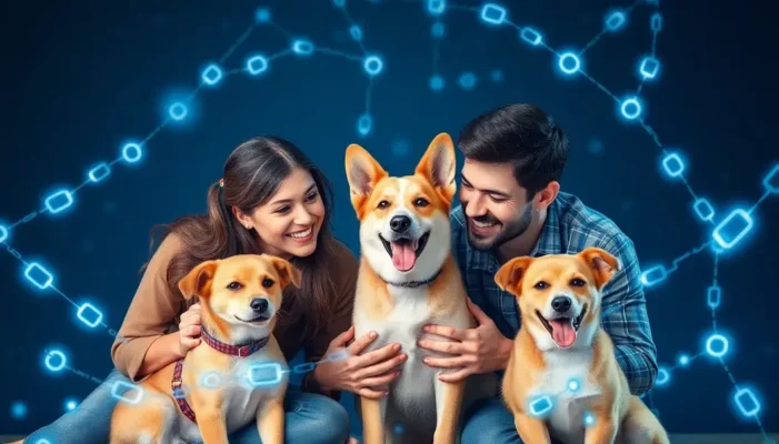 A family with pets surrounded by digital chains symbolizing blockchain in pet care.