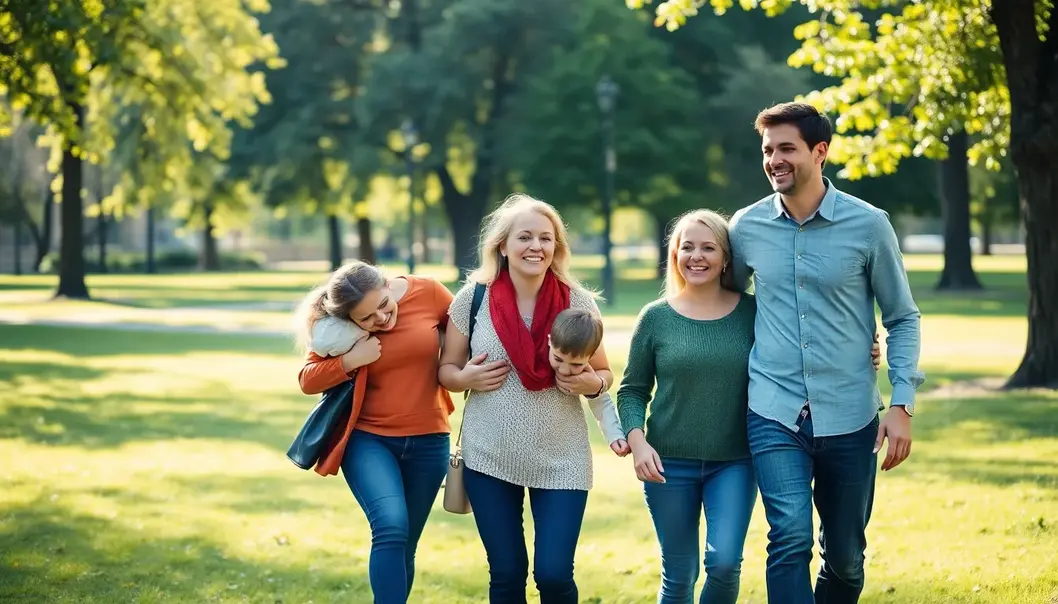 A family walks through a sunlit park, representing health and a balanced lifestyle.