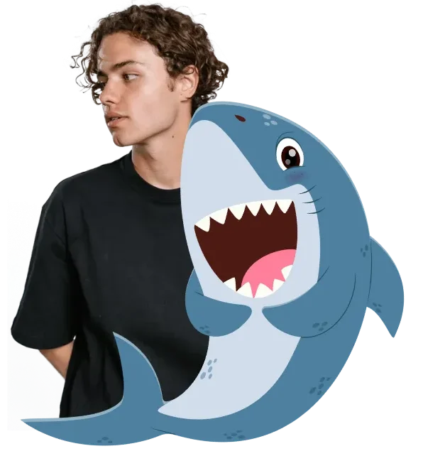 A young man in a black t-shirt standing next to a cheerful cartoon shark illustration, both facing sideways with playful contrast