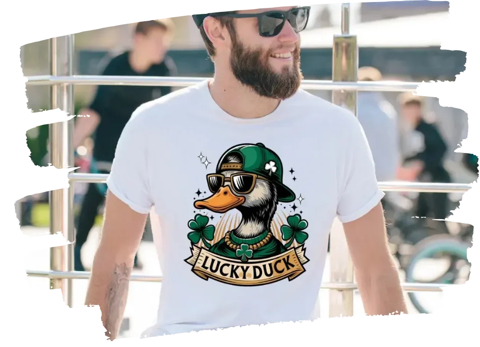 Bearded man wearing sunglasses and a white T-shirt with a graphic of a cool duck wearing a hat and necklace, captioned "Lucky Duck