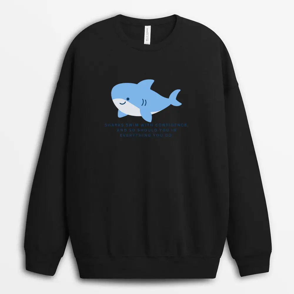Front-facing image of a sweatshirt in storm gray with a minimal shark silhouette, showcasing double-stitching and ribbed cuffs for a durable, grounded look.