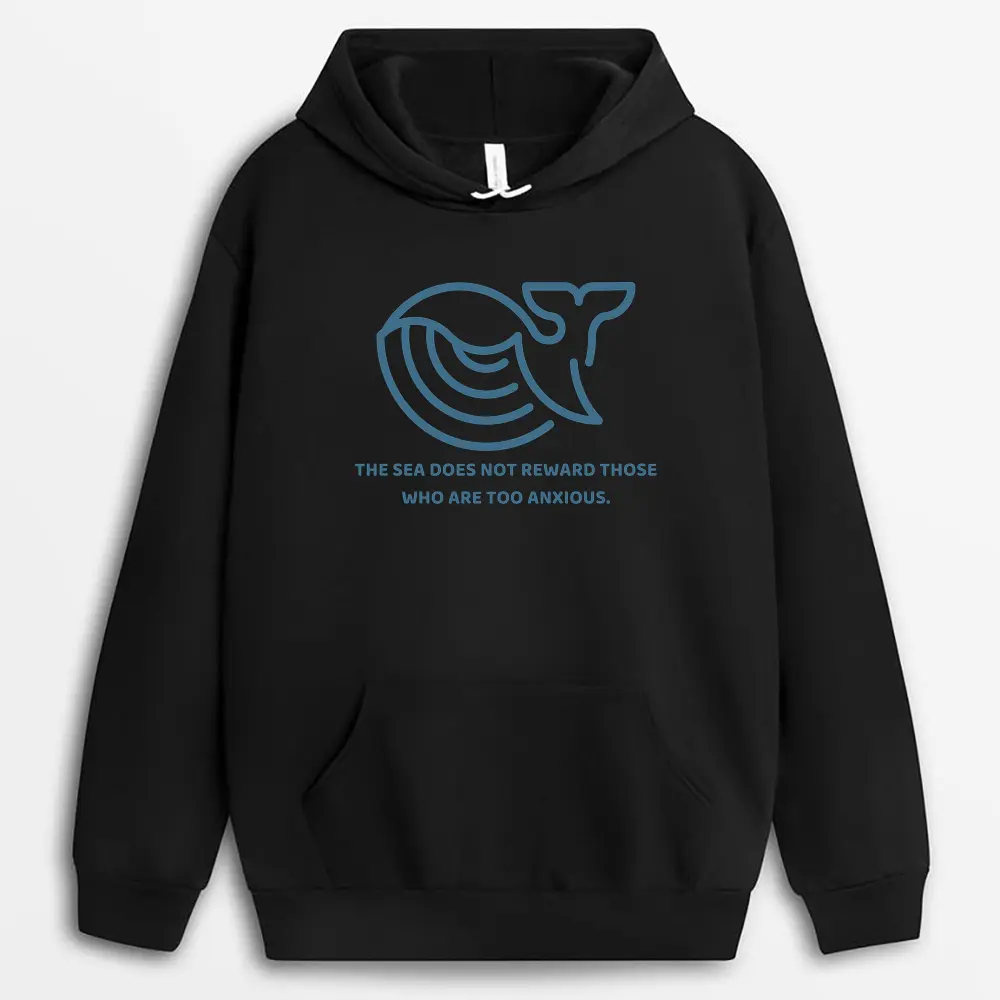 Studio shot of a rugged black hoodie with a large wave graphic printed on the chest, complemented by reinforced seams and an adjustable hood, styled for activewear.